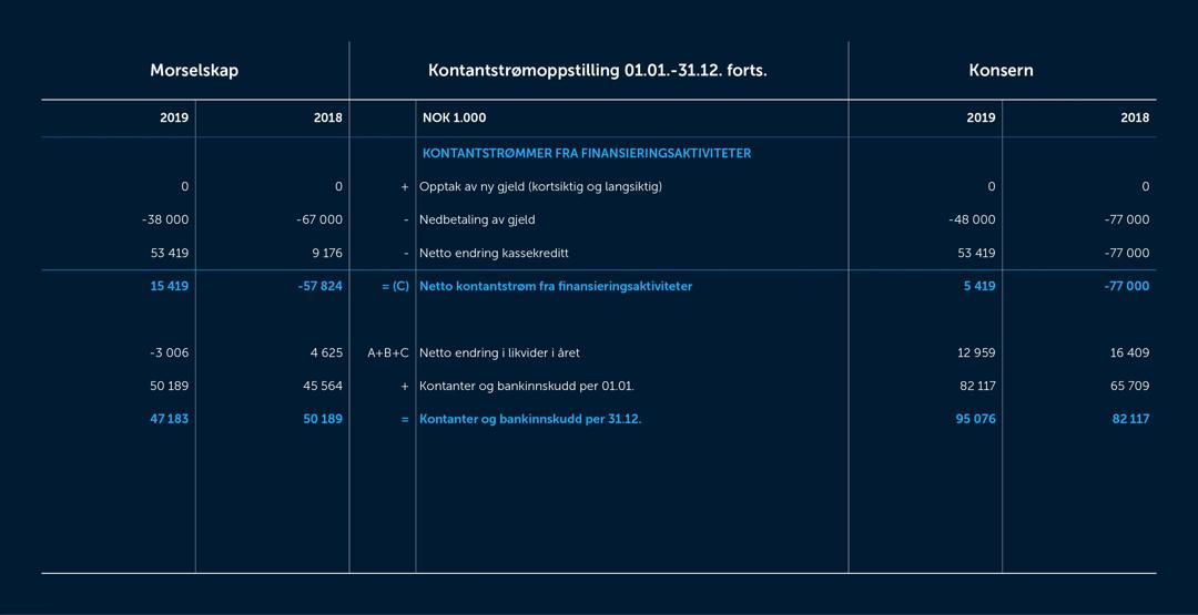 Skjermbilde fra årsrapporten 2019 over kontantstrømmen
