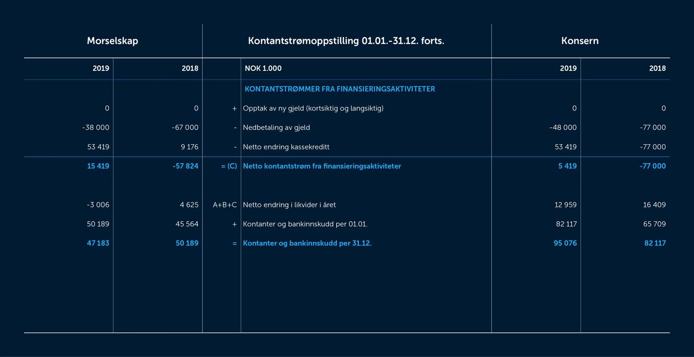 Skjermbilde fra årsrapporten 2019 over kontantstrømmen