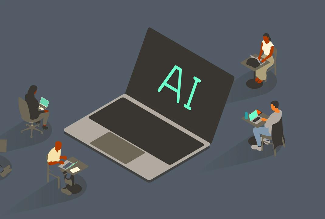 Five people around an oversized laptop with the letters "AI" on the screen.
