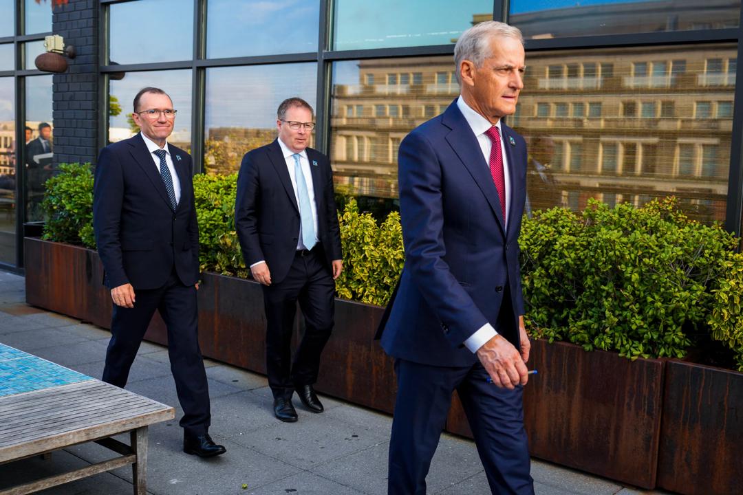 Statsminister Jonas Gahr Støre, utenriksminister Espen Barth Eide og Forsvarsminister Bjørn Arild Gram under et møte i Washington 2024