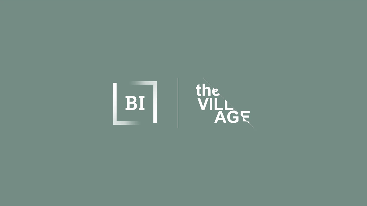 The Village logo. Green background with the BI's and The Venture's logos.