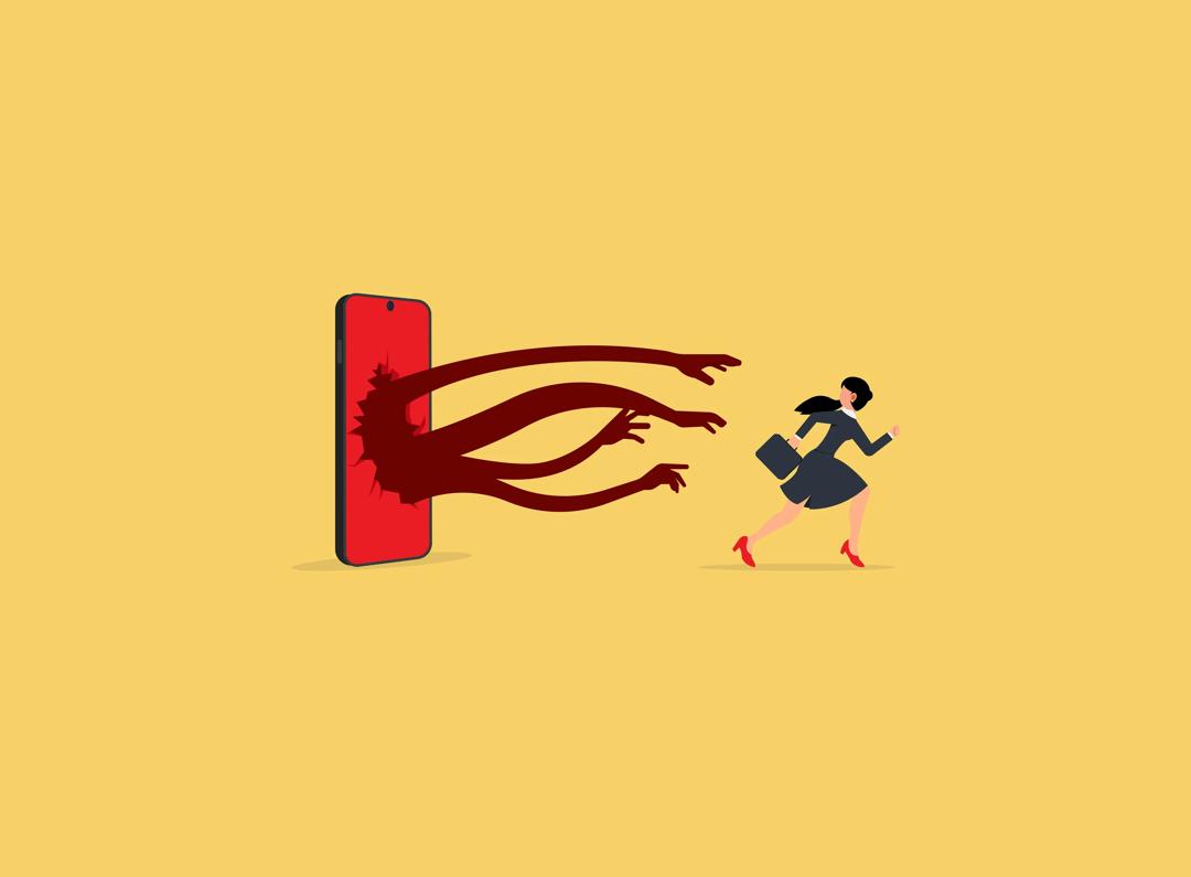 Illustration of online incivility: a person runs from a large smartphone with dark arms reaching out