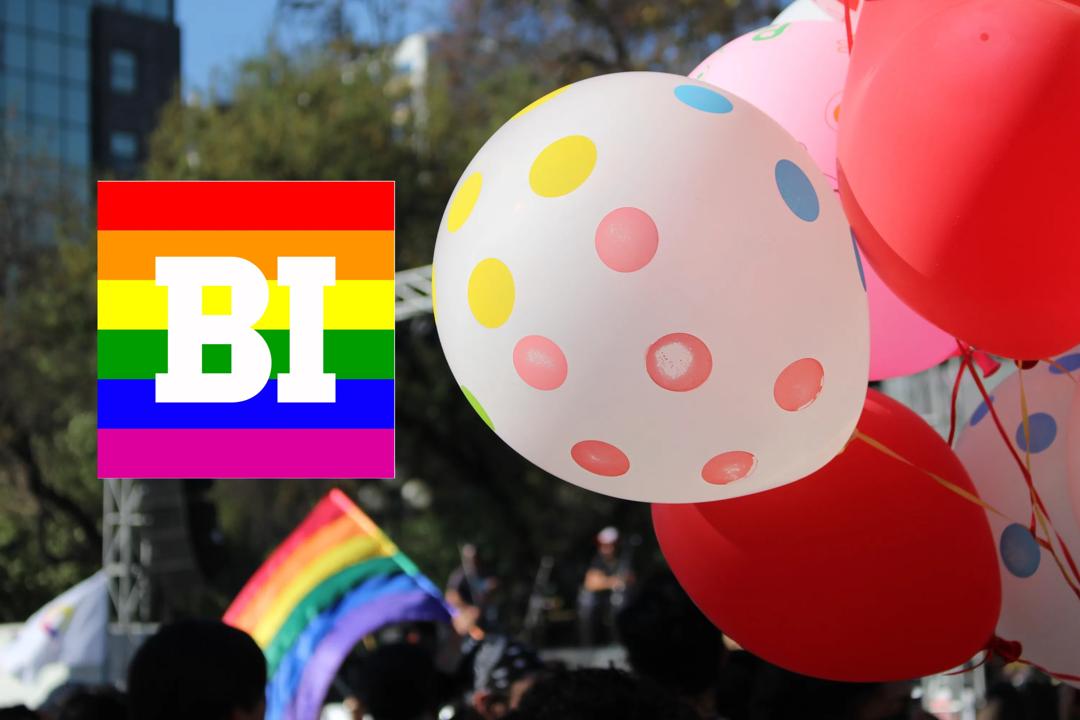 Ballons with BI logo with pride colours
