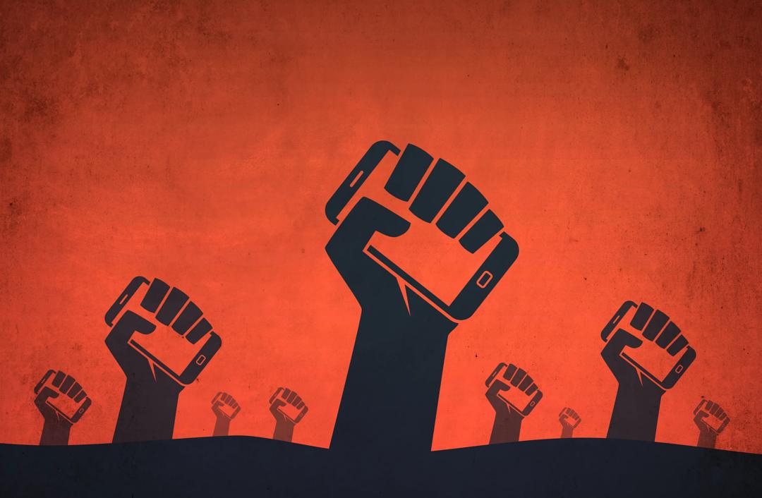 Illustration of fists holding mobiles