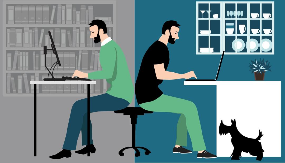 Illustrasjon av mann som jobber på hjemmekontor og mann som jobber på kontor