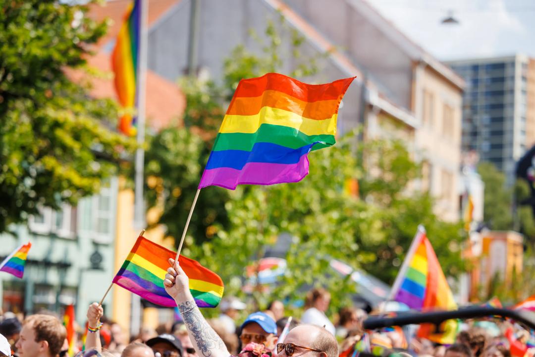 En hånd som holder Pride-flagget i Pride-toget 2023