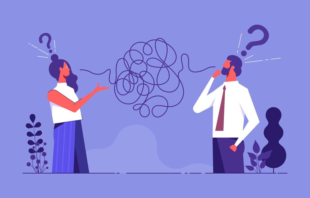 Graphic illustration of two people misunderstanding one another.