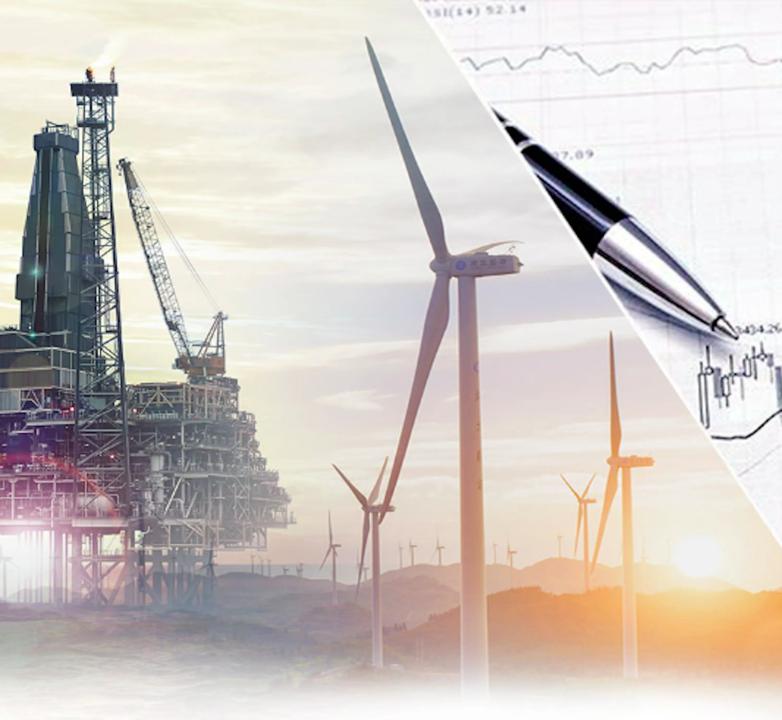 A collage of three images of an oil rig, a pen and some statistics, and windmills