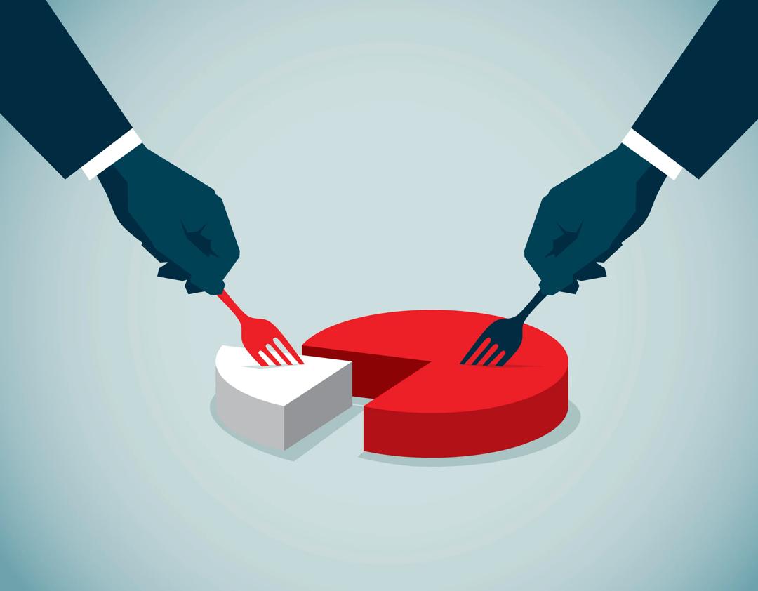 Illustration of two business people taking pie slices of different sizes
