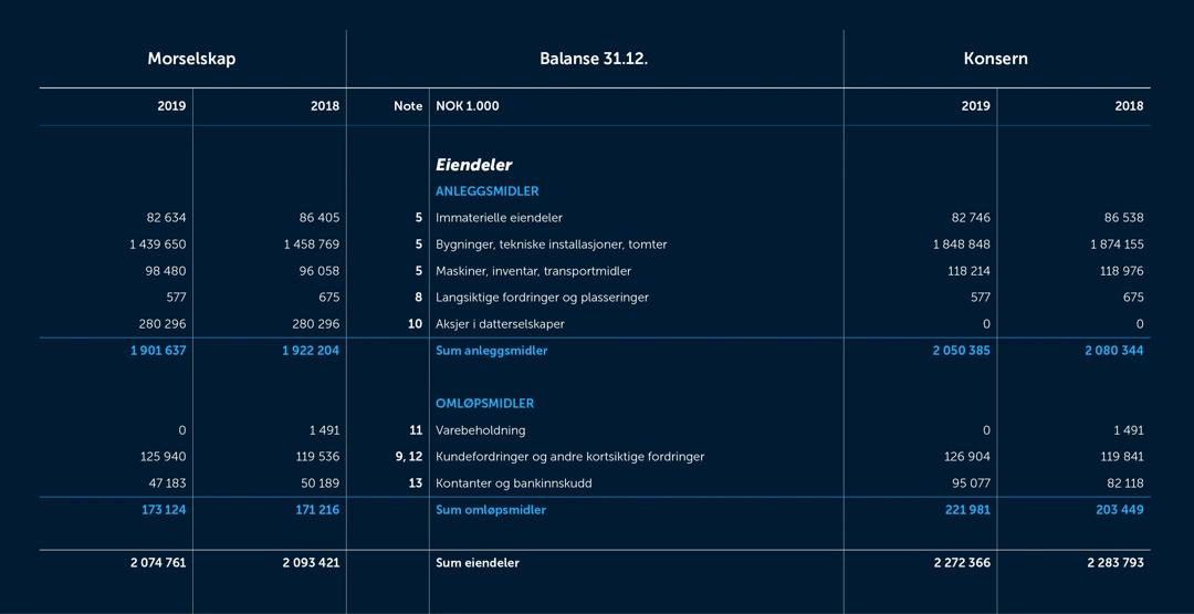 Skjermdump av balanseresultatet fra 2019