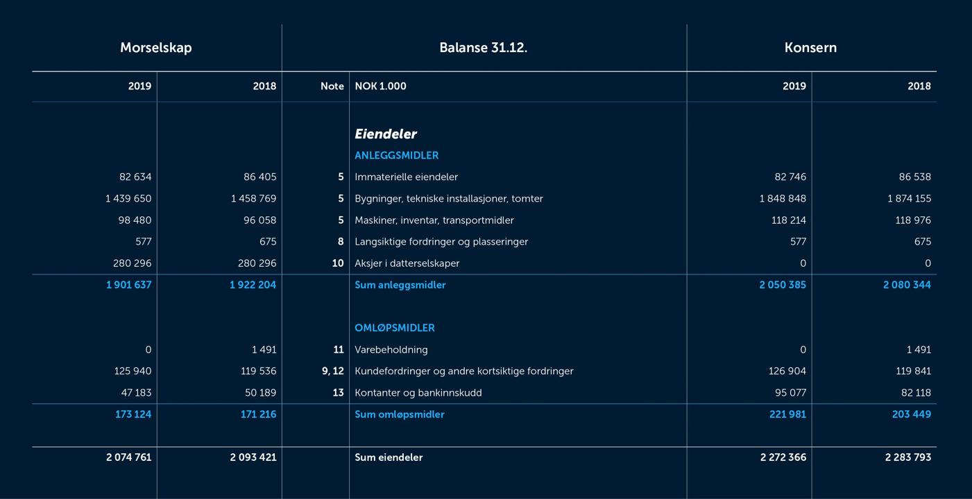 Skjermdump av balanseresultatet fra 2019