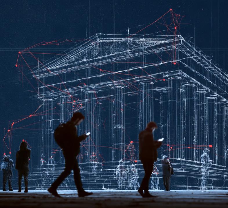 AI-generert bilde av mennesker som går og ser ned på telefonene sine. En hvit skisse av et bygg i bakgrunnen.