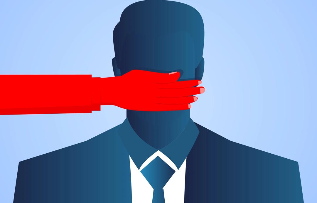 Stylized image of red hand covering the mouth of man in suit