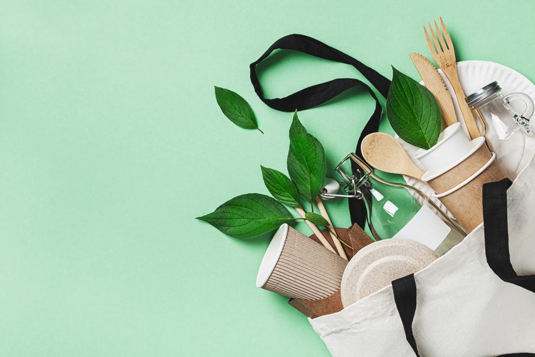 Plastic free set with eco cotton bag, glass jar, green leaves and recycled tableware top view