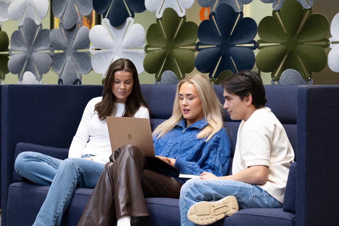 3 studenter i en sofa ser på en PC-skjerm sammen