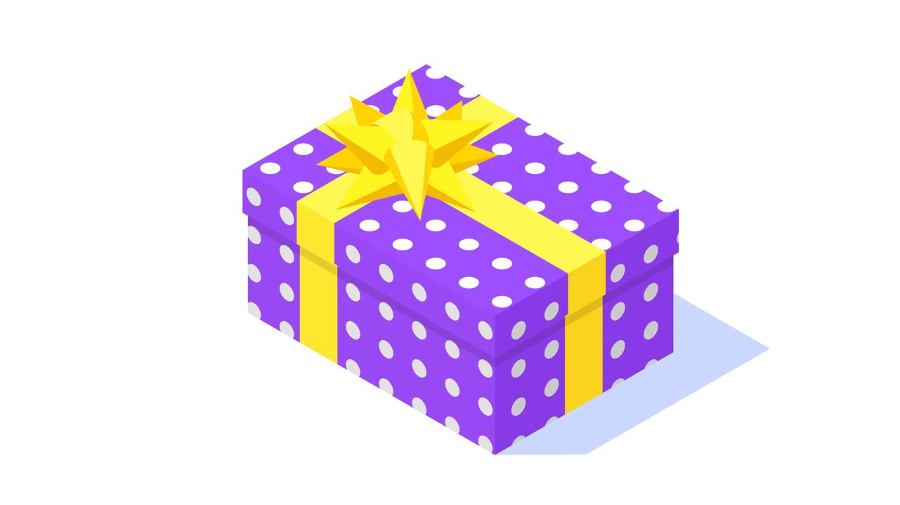 Illustration of a gift wrapped in purple paper with a yellow ribbon.