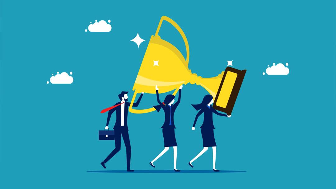 Illustration of three employees carrying a trophy cup