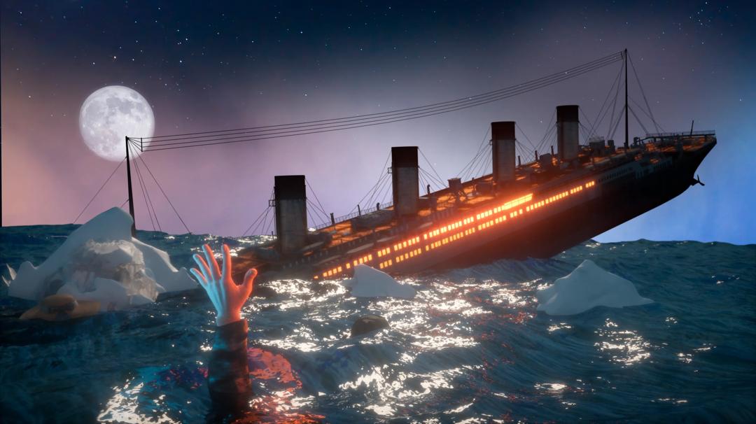 Illustrasjonbildet av Titanic som synker med en hånd som stikker opp av vannet i forgrunnen