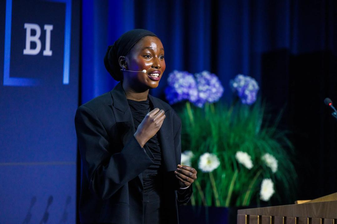 The final of BIICC 2025. A female student presenting.