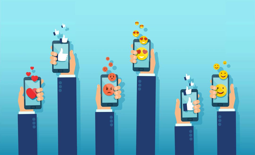 Illustration of several hands holding phones.