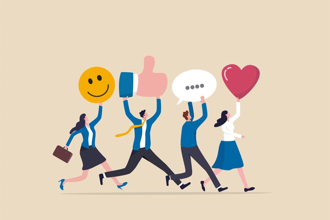 Illustrasjon av to damer og to menn som løper etter hverandre med forskjellige emojier. 