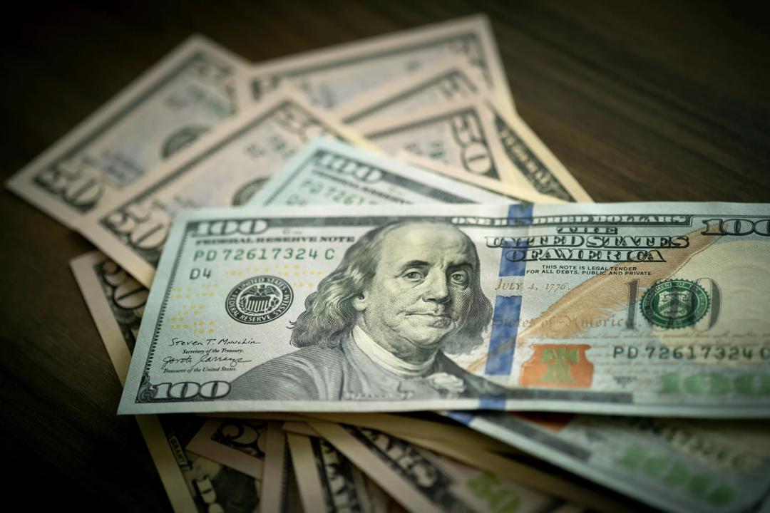 Amerikanske dollarsedler mot en bakgrunn av tre