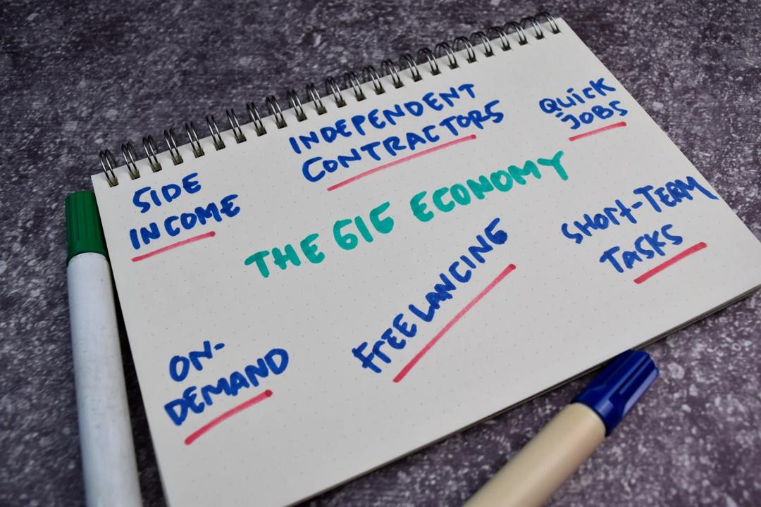 The Gig Economy text with keywords on a book.