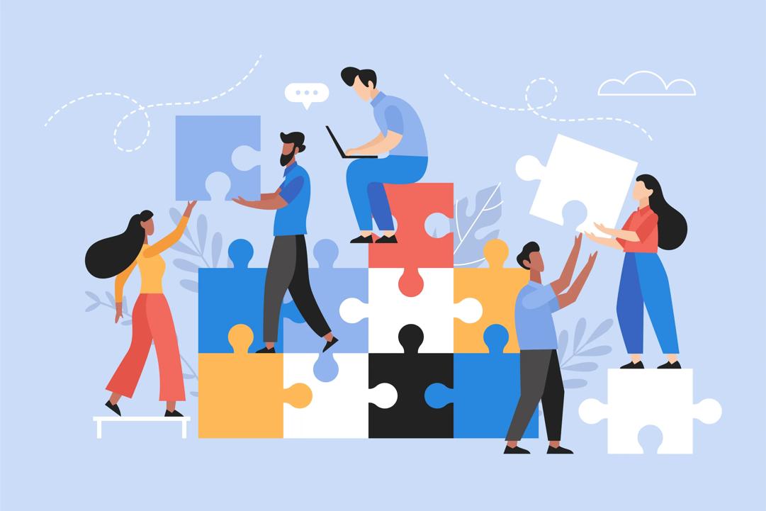 Illustration of people collaborating on a puzzle