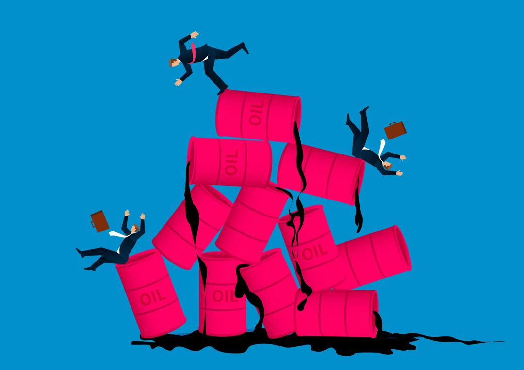 Business men tripping over oil barrels