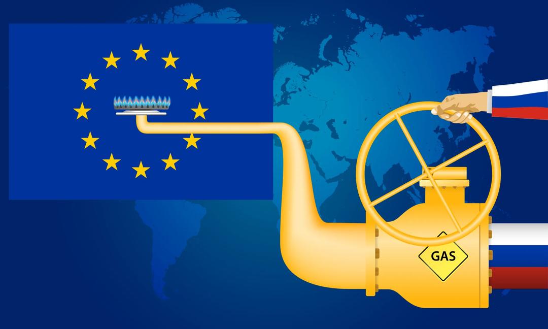 Gas pipeline with Russian and EU flags