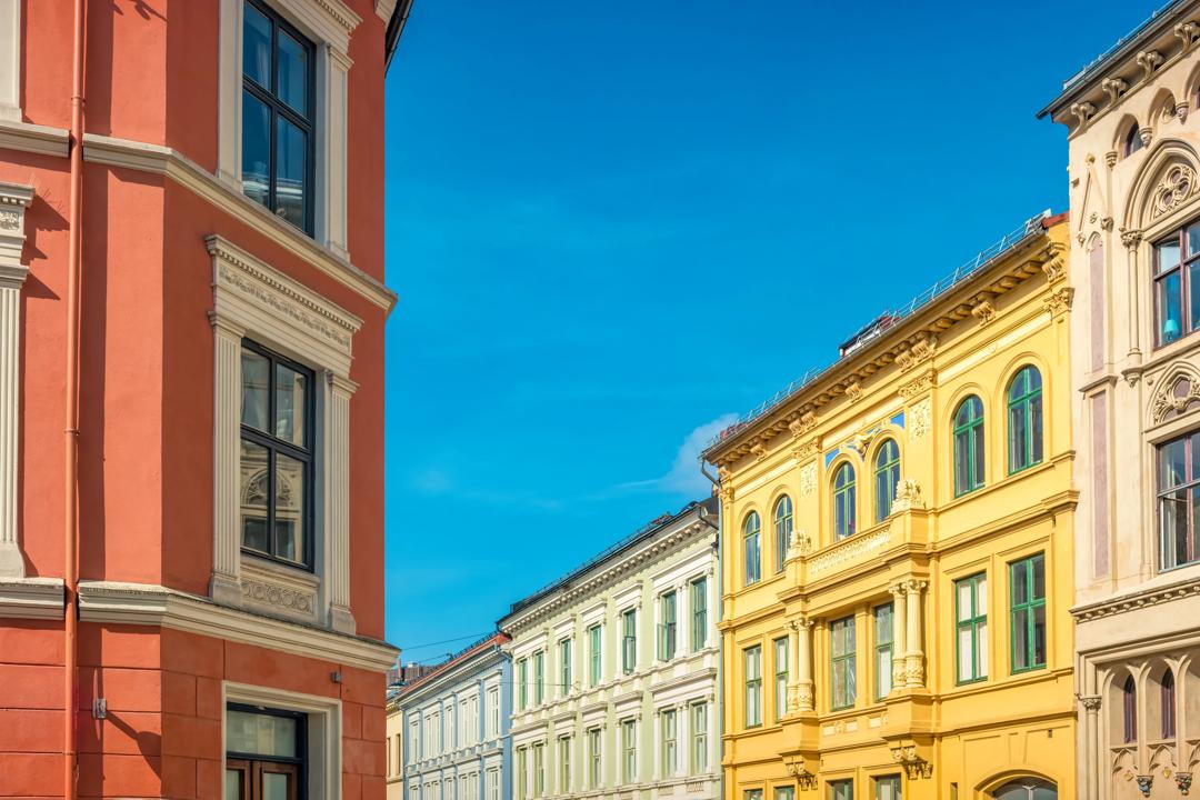 Colorful townhouses in a residential district in downtown Oslo Norway.
