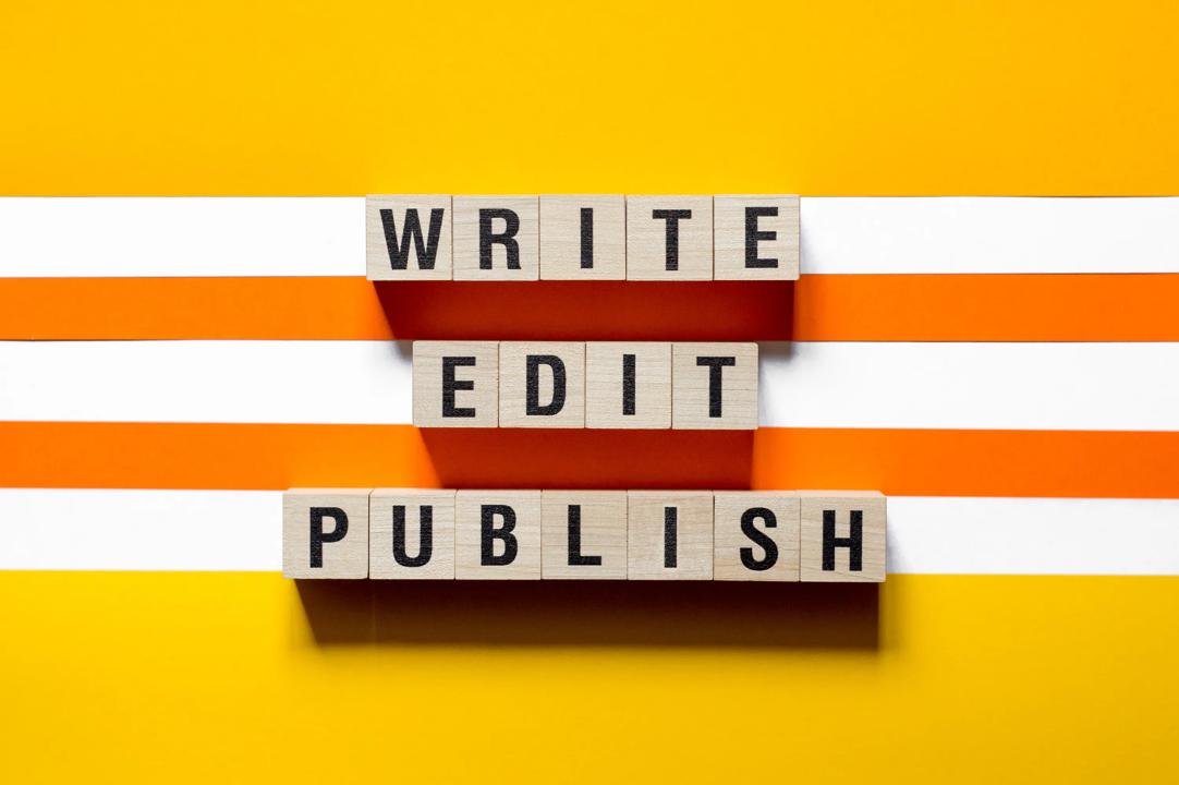 Blocks with the text "write, edit, published"