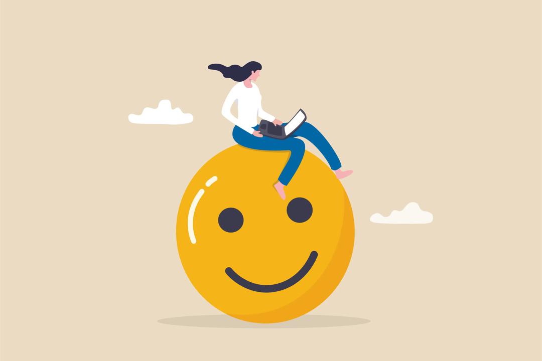 Illustrasjon av kvinne med laptop som sitter på en smilende emoji