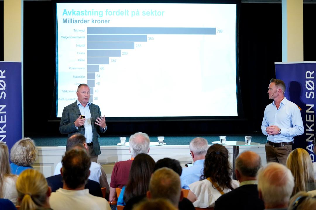 Arendal 20230816. Leder i Oljefondet Nicolai Tangen og Trond Grande da oljefondet presenterer halvårsresultater.