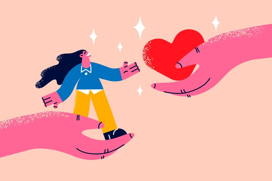 Illustration showing one hand holding a person, and one hand holding a heart.