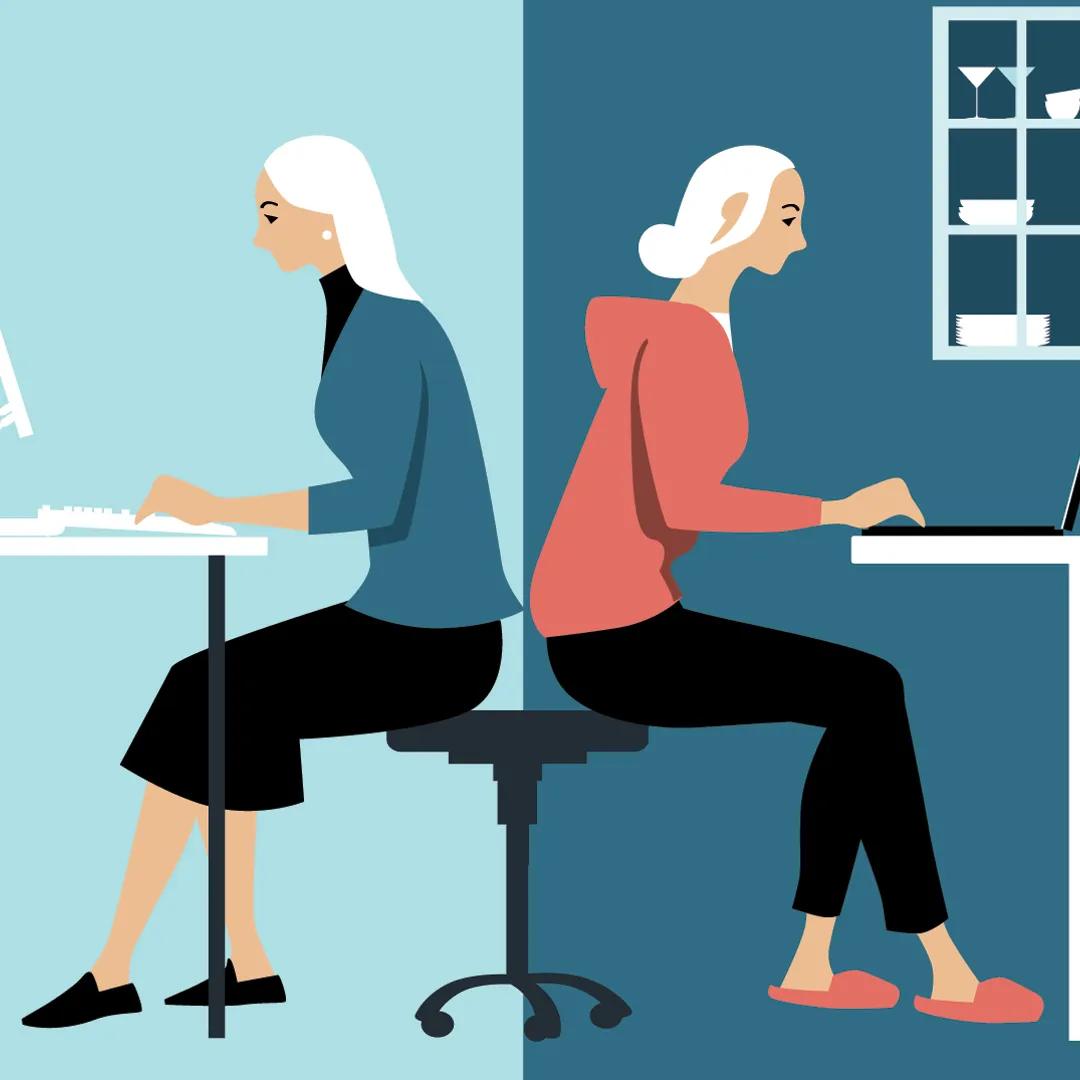 Illustration of hybrid working. Woman sits back to back between two computers at work and at home